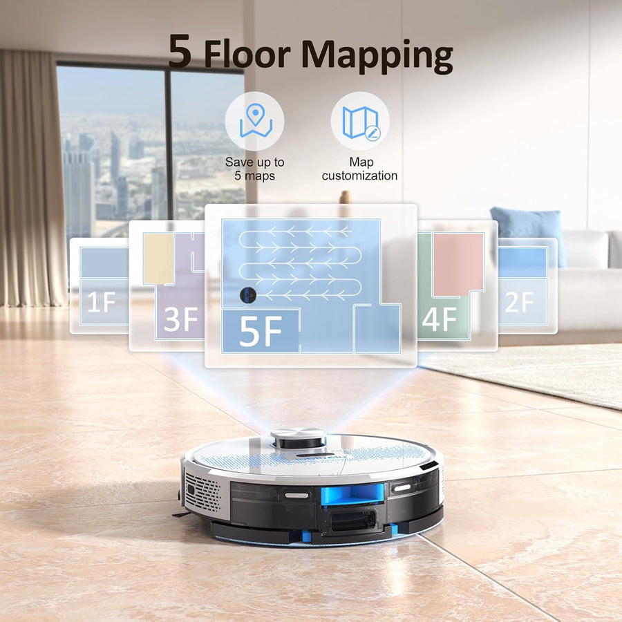 Robot aspirateur et balai à franges Combo 4000 Pa, navigation LiDAR, aspirateur robot laser 2 en 1, 5 cartographies modifiables, 10 zones d'interdiction, WiFi/application GRIS