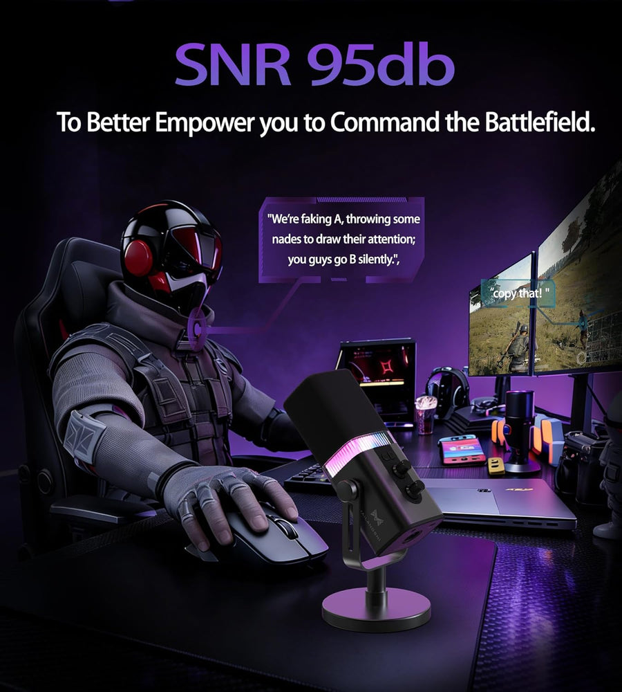 Micro Podcast Dynamique 192KHz/32bit pour PC, USB & XLR avec RGB, Pied, Muet, Tout Métal, Gain/Volume, Micro Gamer pour Livestreaming