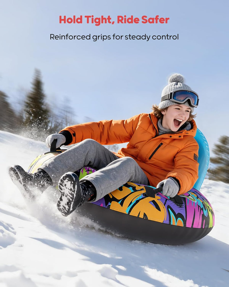 Tube à neige de 111,8 cm avec dossier – Traîneau gonflable robuste d'une capacité de 226,8 kg avec housse, poignées et corde de remorquage, traîneaux à neige pour enfants et adultes BLEU
