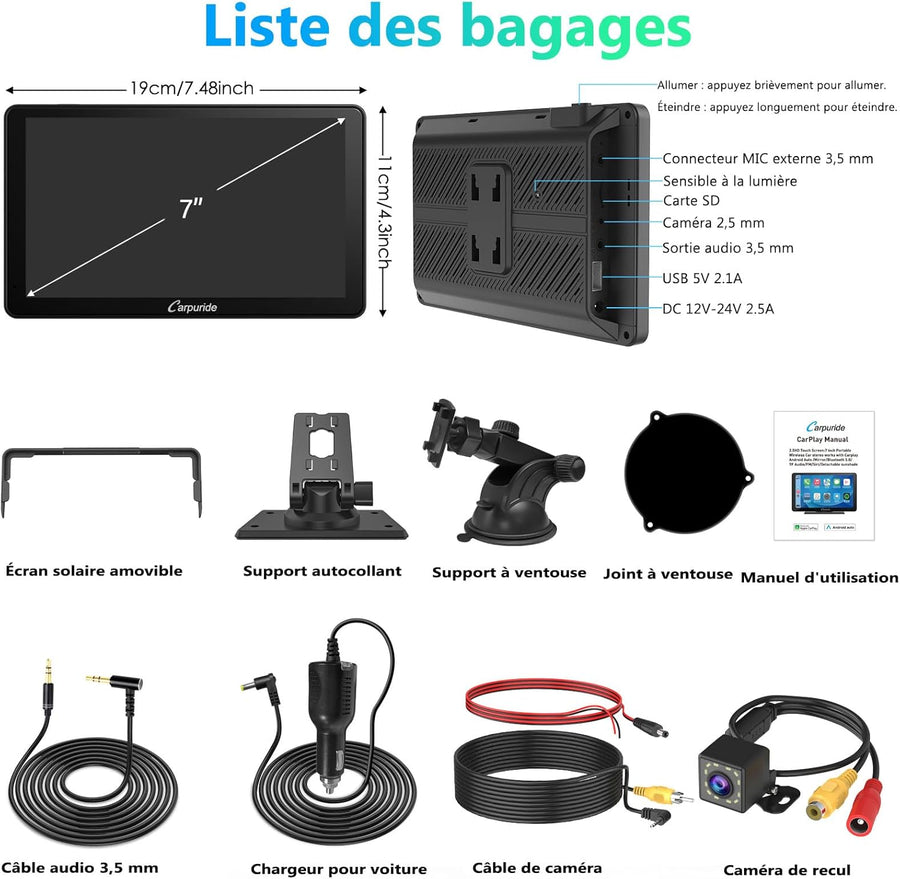 Écran Carplay Portable, Carpuride V3R sans il Airplay&Android Auto, écran Tactile HD 1080P 7 Pouces avec caméra de recul 720P réelle/BT 5.0/Mirror Link/Lecture USB/Puce de réduction du Bruit AUX