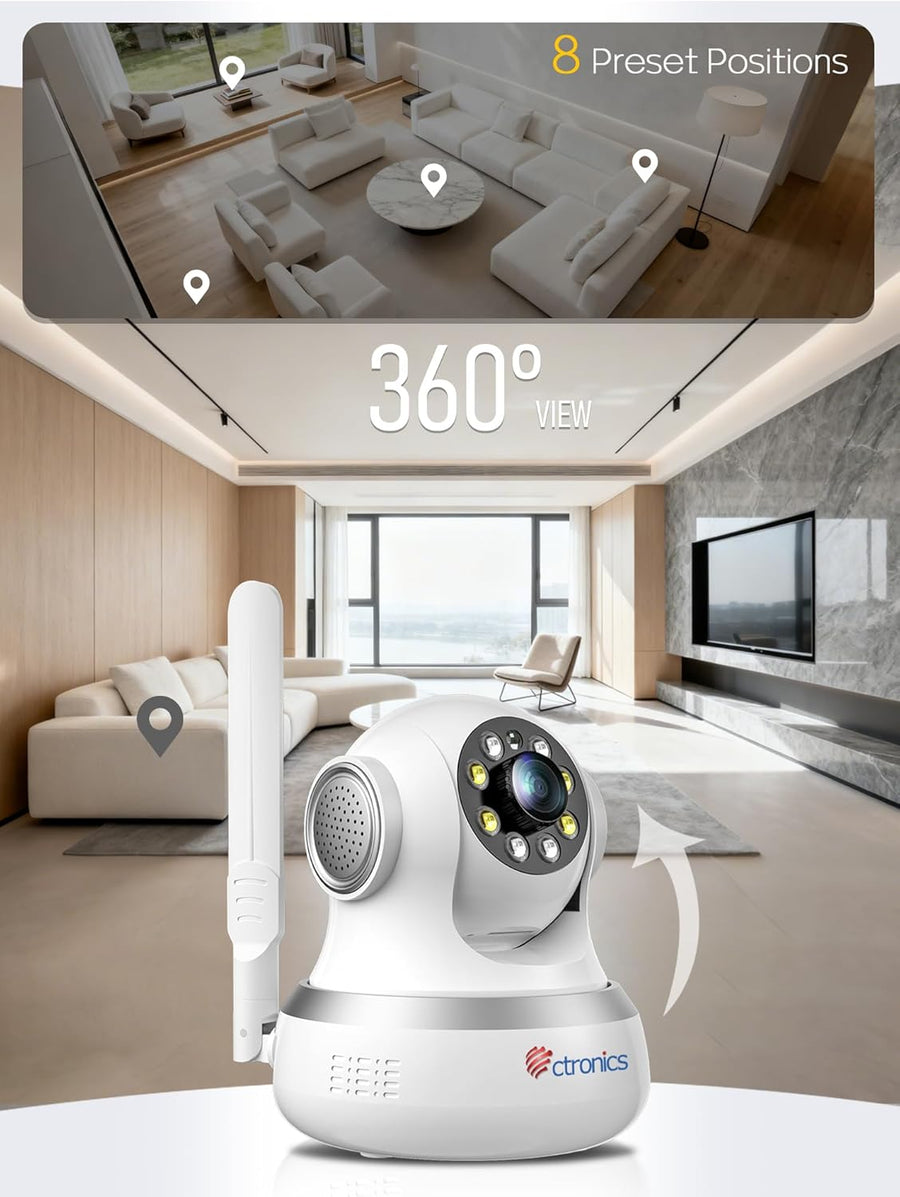 Ctronics 4K Caméra Intérieure, 5G/2,4Hz Wi-FI, Suivi Automatique, Vision Nocturne Couleur, Alarme Sonore et Lumineuse, 8 Positions Préconfigurées, App & PC, Cloud/256GB TF/FTP