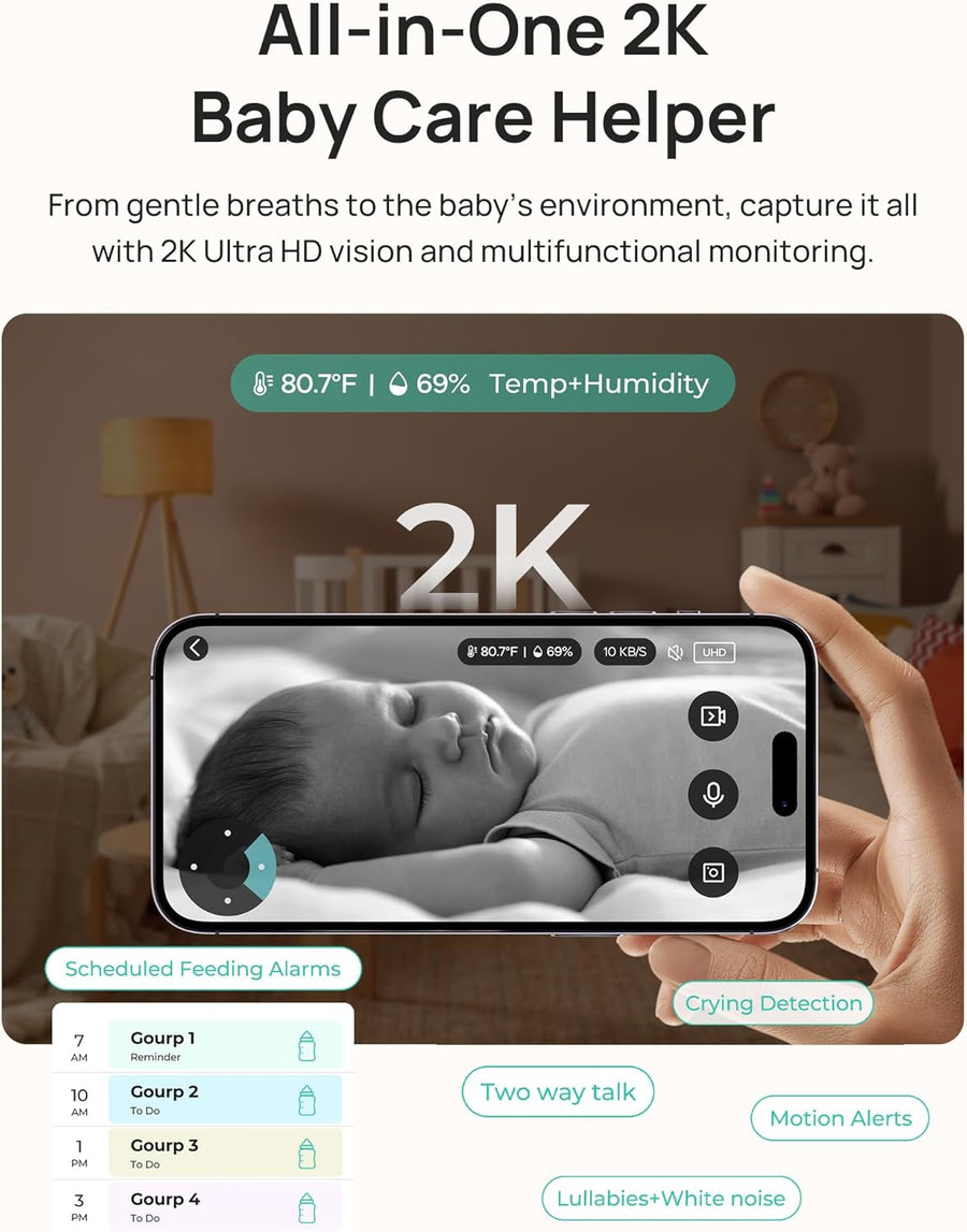 Babyphone Moniteur Bébé Intelligent WiFi 5,5" – Écran Partagé 1080P & Caméra 2K, Mode Confidentialité, Multi-Utilisateur, Batterie Amovible 5000mAh, Veilleuse RGB, Alerte Pleurs & Mouvements