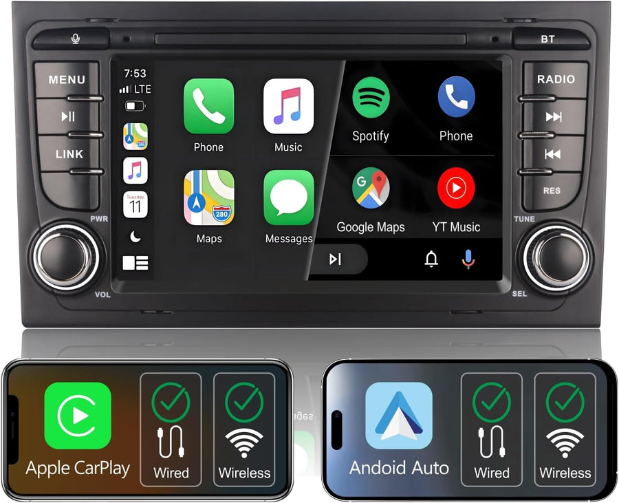 Autoradio Audi A4 B6/B7 2004-2008,avec Système Linux & Écran IPS 7",CarPlay sans Fil et Android Auto Intégrés,Commandes au Volant d'origine,Bluetooth 5.0,RDS AM/FM,USB,EQ/DSP & Puissance Élevée