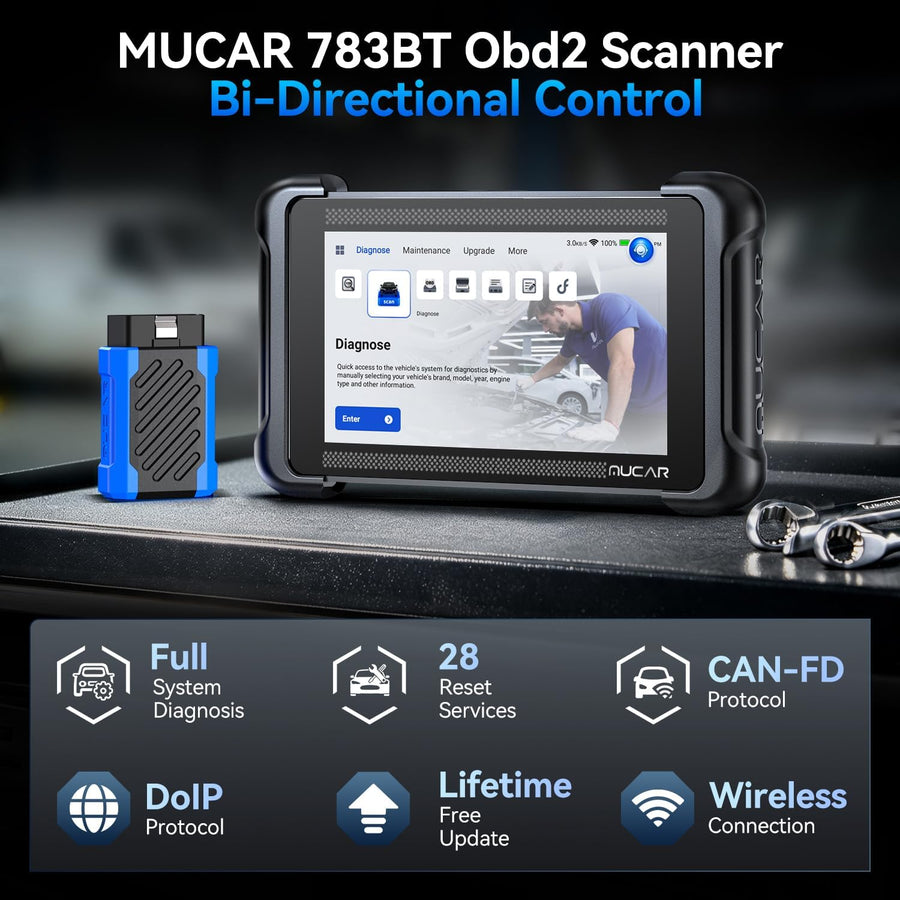 MUCAR 783BT : outil de diagnostic bidirectionnel OBD2 complet, plus de 28 fonctions de réinitialisation, prise en charge des protocoles CAN FD et DoIP, mises à jour via Wi-Fi