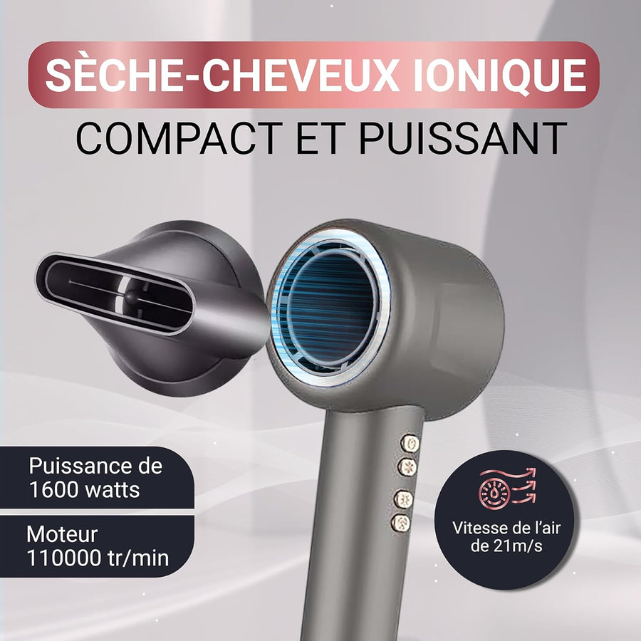 Sèche-cheveux ionique compact et puissant avec diffuseur pour boucles, air froid, brushing et coiffure professionnelle - Silencieux, léger, multifonction Accessoires inclus BLEU