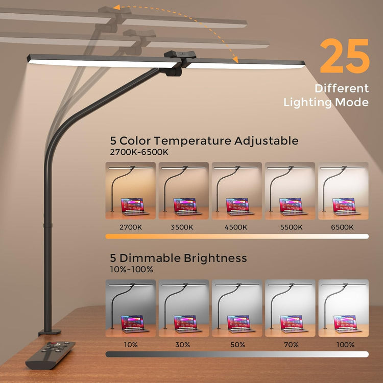 Lampe Bureau LED Double Tête Dimmable 24W 80cm Contrôle Télécommande et Tactile Minuterie 5 Modes de Couleur 5 Niveaux de Luminosité NOIR