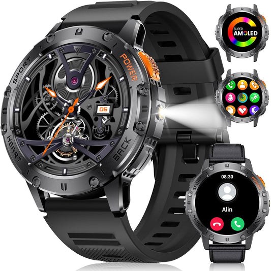 Montre Connectée Bluetooth Ecran 1,43 Pouces Montre Intelligente Etanche IP67 Sportif Bracelet Silicone NOIR