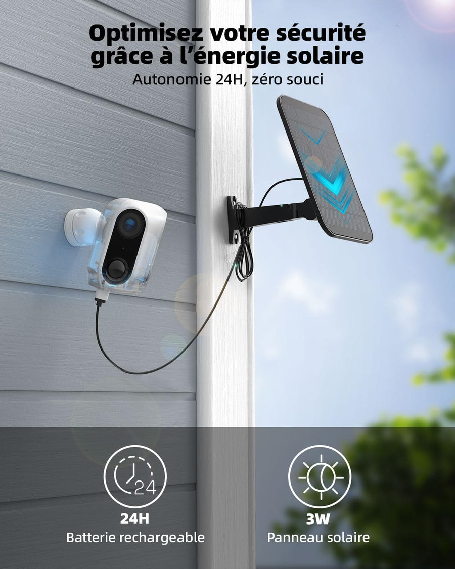Caméra Surveillance Extérieure WiFi sans Fil, Solaire, Double Objectif & PIR, Vision Nocturne Couleur, Audio Bidirectionnel, Batterie, IP65, Stockage Cloud/SD BLANC