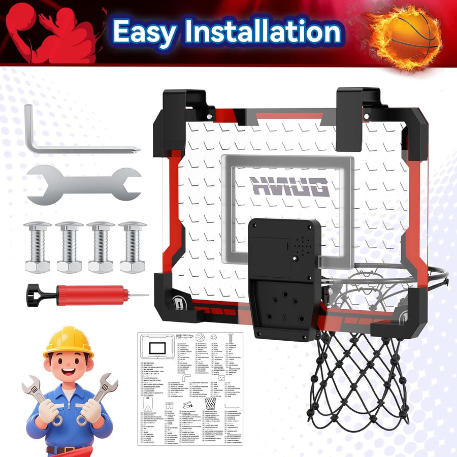 Panier de Basket Interieur pour Enfants avec 4 Ballon de Basket, Panier de Basket Intérieur Mural avec Tableau d'affichage électronique et Lumière LED