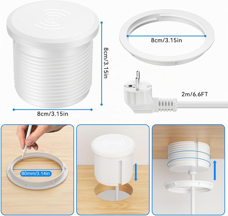 Prise encastrable Plan de Travail avec Charge Qi15 W, USB-C PD 30W, Ø80 mm Multiprise encastrable avec 1 prise, USB-A QC 18 W, couvercle rotatif anti-poussière, câble 2 m, bureau et cuisine, blanc
