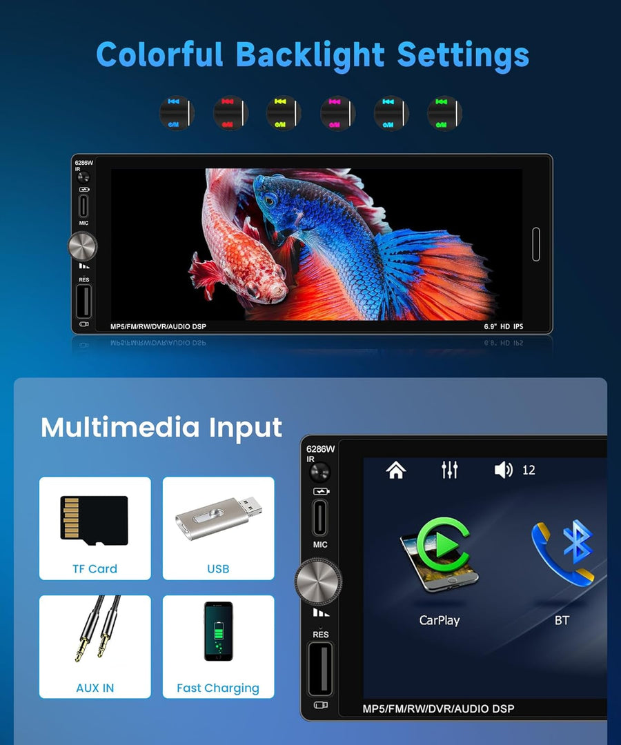 Autoradio 1DIN avec Wireless CarPlay & Android Auto,Autoradio 1 Din avec 6.9 Pouces IPS Touchscreen Mains Libres Bluetooth FM EQ Type-C USB Commande au Volant Caméra Recul Microphone