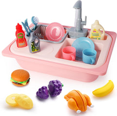 Jouets d'Évier De Cuisine avec Eau Courante, Couleurs Changeantes Vaisselle, Recyclage de l'eau ROSE
