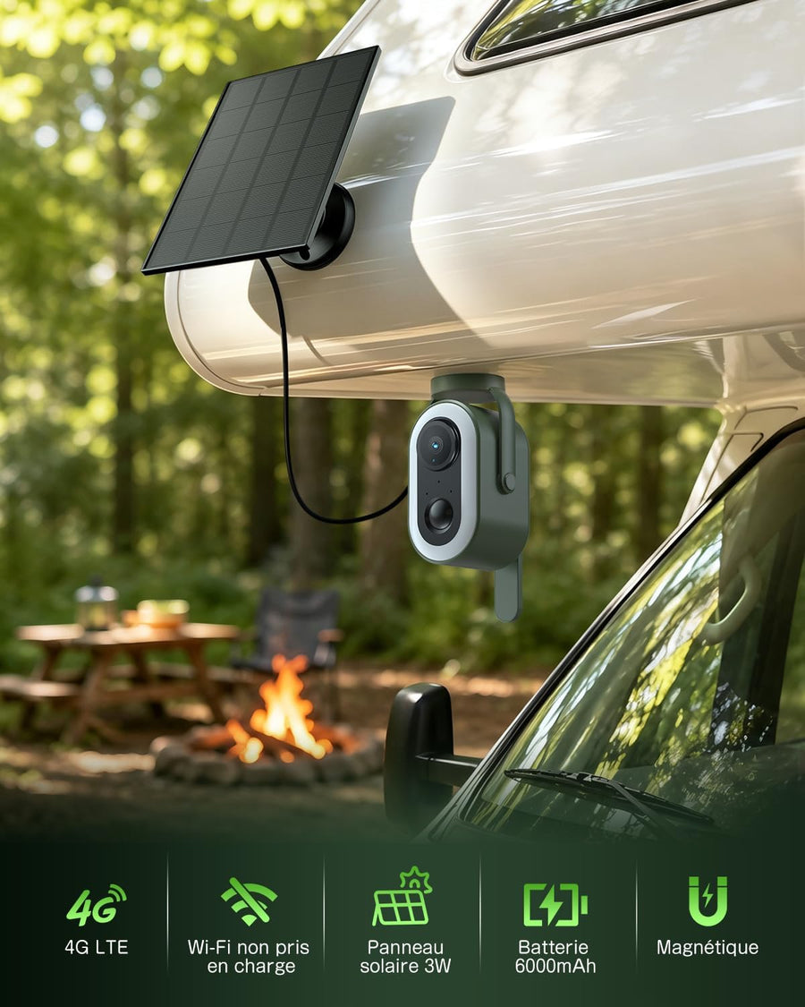 Caméra 4G avec Carte SIM Solaire Magnétique sans Fil Extérieur 2K Camera avec 3W Panneau Solaire 6000mAh Batterie, PIR Humaine Détection pour Camping-cars et Stationnement Temporaire