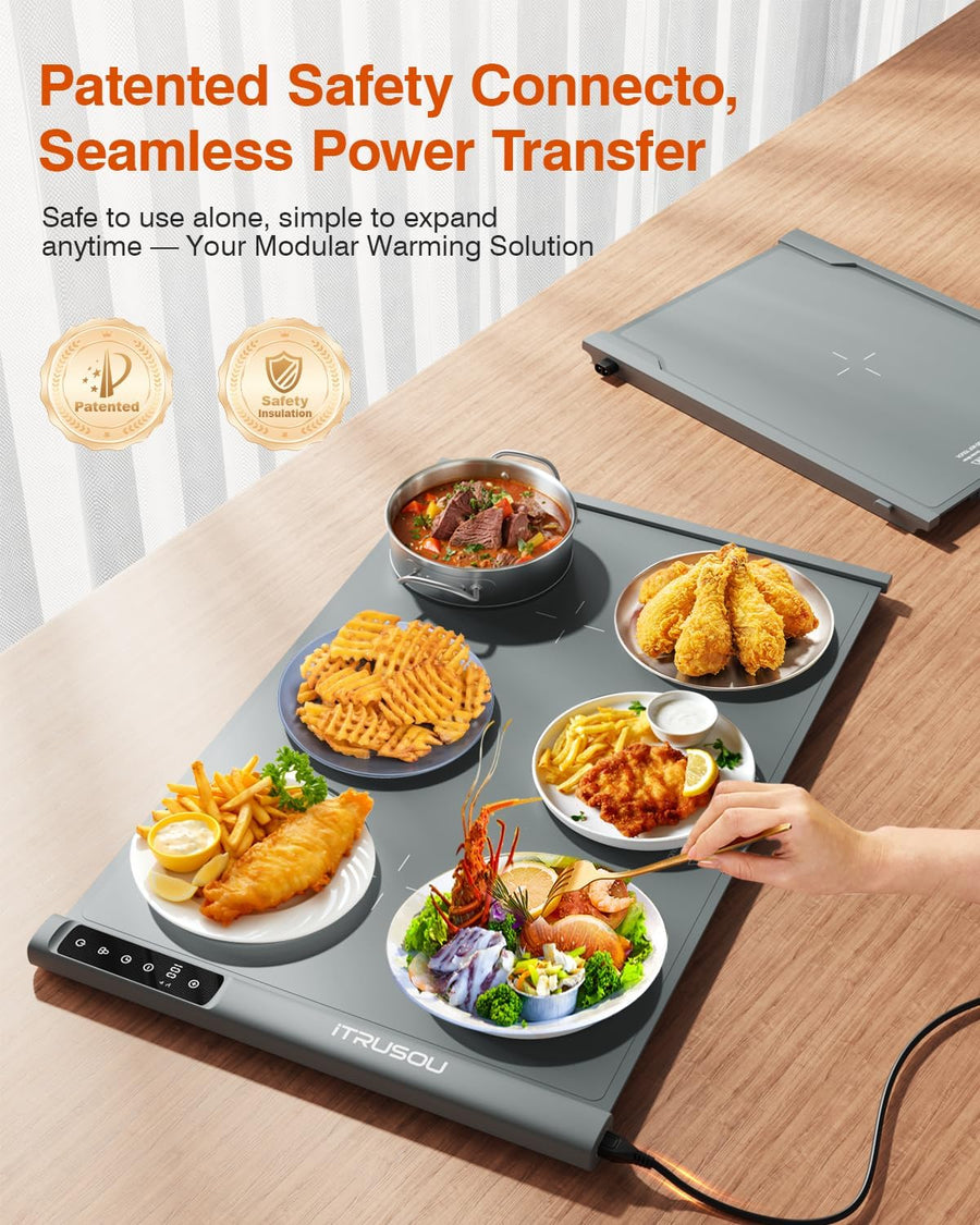 Plaque Chauffante pour Aliments, Tapis Chauffant Électrique Enroulable Extensible avec 7 Températures, Minuteur 99H, Affichage ℃/℉, Idéal Réchaud Buffet, Repas, Réceptions Garder au Chaud