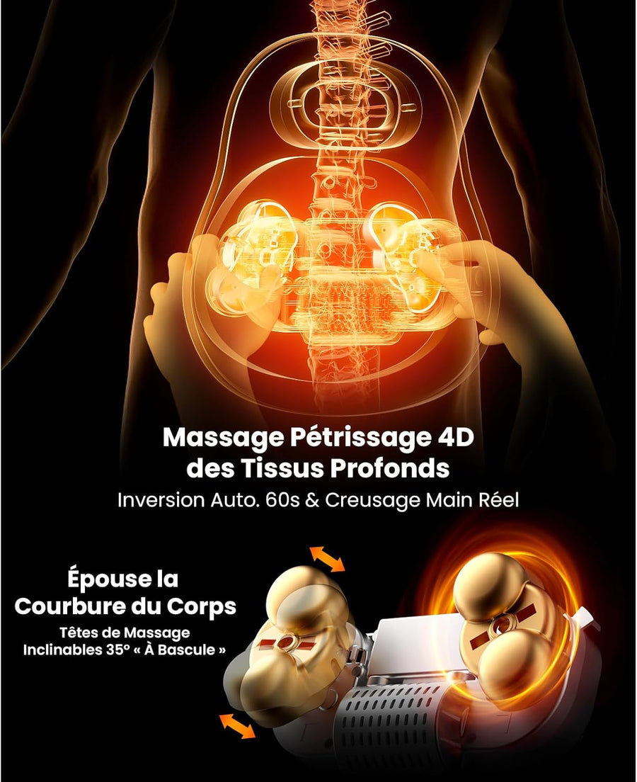 Masseur Dos et Cervicales avec Chaleur pour Soulagement Douleur, EZBack Go Massage Shiatsu 4D Tissus Profonds, Coussin Massant avec Poignée Bureau et Maison