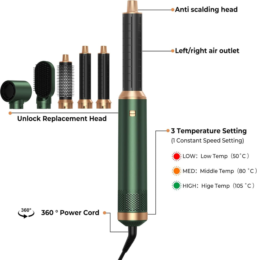 Air Styler Hair Styler 5 en 1,Brosse Soufflante 1000W Seche Cheveux Brosse Coiffante Chauffante, Boucleur a Cheveux,3 Temperature, pour Boucler, Lisser, Sécher, Donner Volume