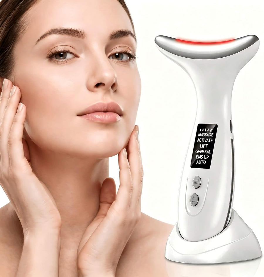 Masseur Visage EMS 7 Couleurs LED, Chaleur 45°C, 6 Modes 4 Intensités, Électrique pour Cou Visage Yeux, Rechargeable USB-C