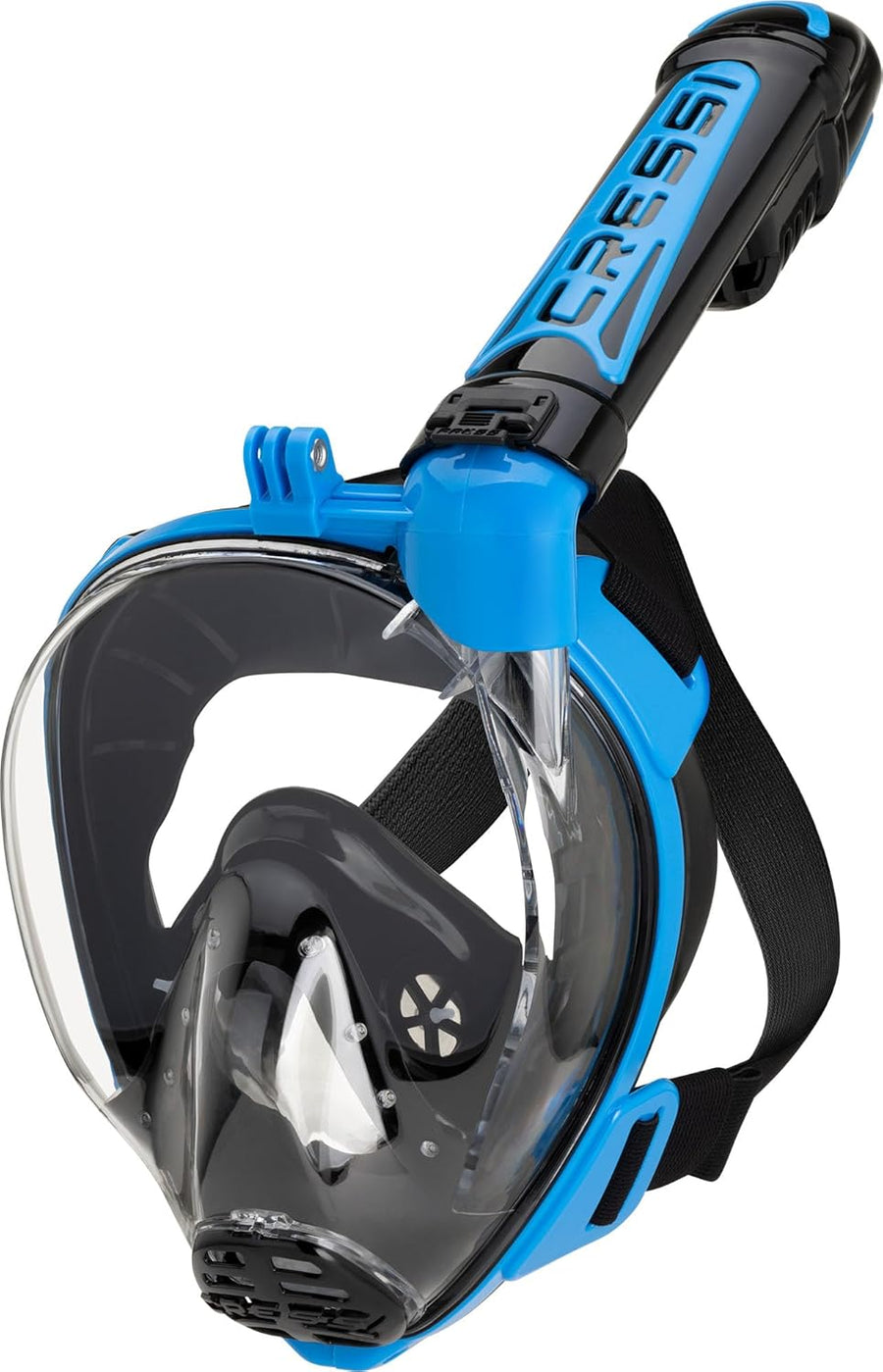 CRESSI Duke Action Full Face Mask - Masque intégral CO2 Safe Grande Vision Snorkeling No Fog avec Tuba Dry et Support Action Cam - Noir/Bleu - M/L