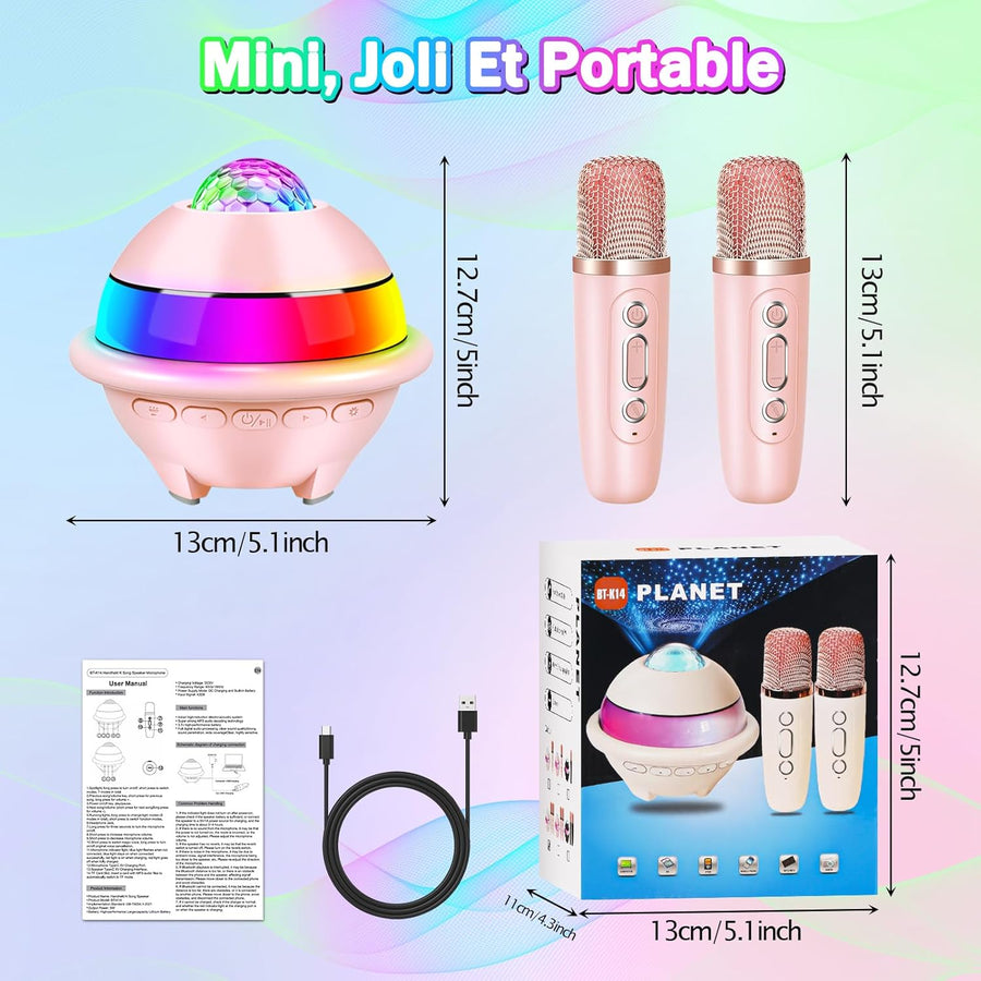 Micro Karaoke Enfant avec Lumineux LED Disco, Enfant Enceinte Karaoké Portable avec 2 Microphone sans Fil Bluetooth, Micro Enfant pour Chanter