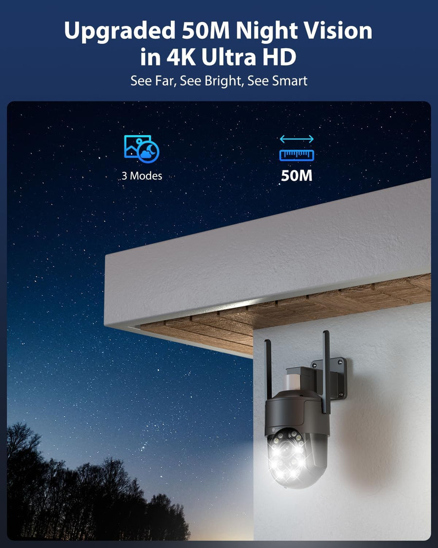 Caméra Surveillance 4K Extérieure avec Zoom Optique 5X, Vision Nocturne Couleur/IR Starlight 50m, Suivi Auto, Lumière Rouge-Bleue & Sirène, WiFi 5G/2,4G, App/PC, SD 256Go/FTP/NAS NOIR