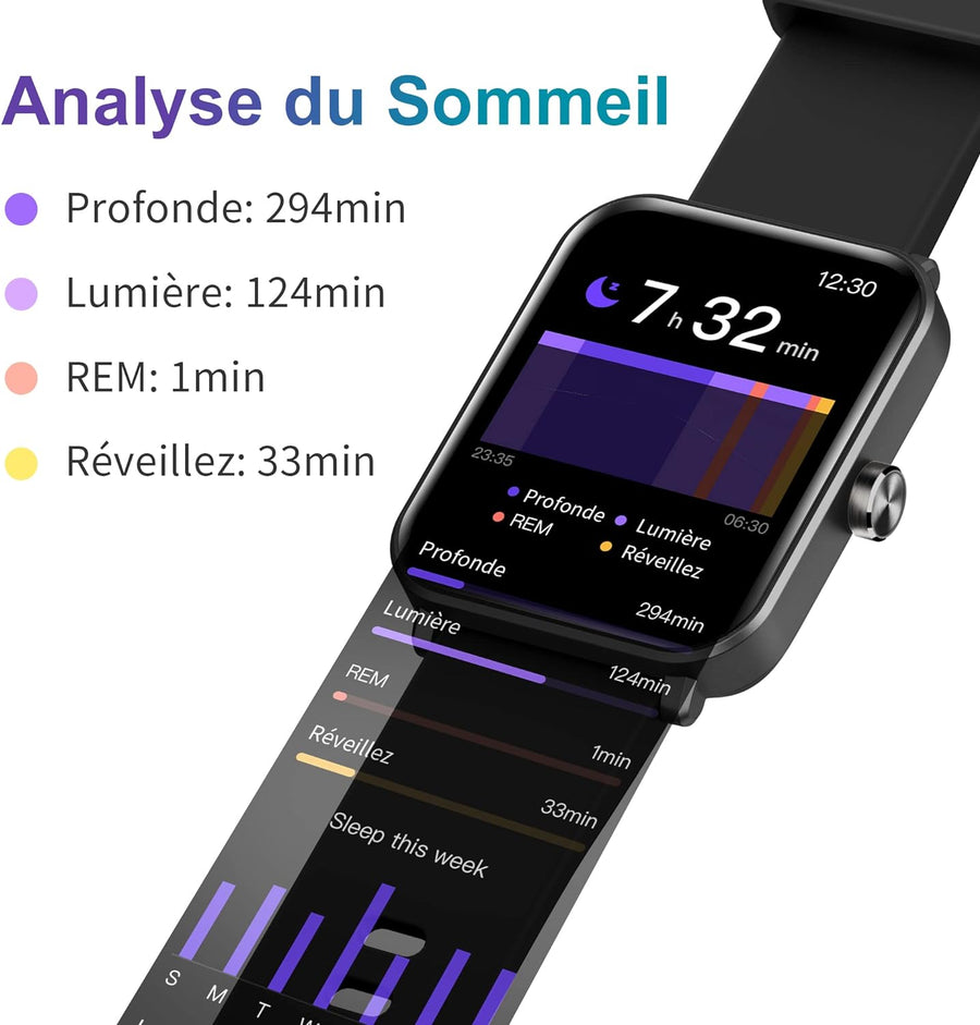 Montre Connectée Appels Bluetooth Assistant Vocal Intégré Ecran 1,69" Etanche Tracker NOIR