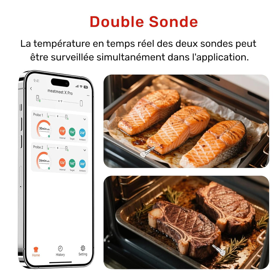 Thermomètre à viande sans fil avec Bluetooth et Wi-Fi, 2 sondes, 6 capteurs