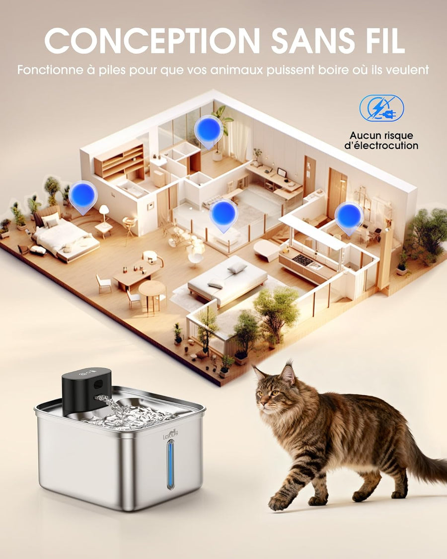 Fontaine a Eau Chat sans Fil 3,5L INOX avec Detecteur de Mouvement, avec 5000mAh Rechargeable Batterie et Technologie Exclusive sans Pompe, avec 2 Filtres