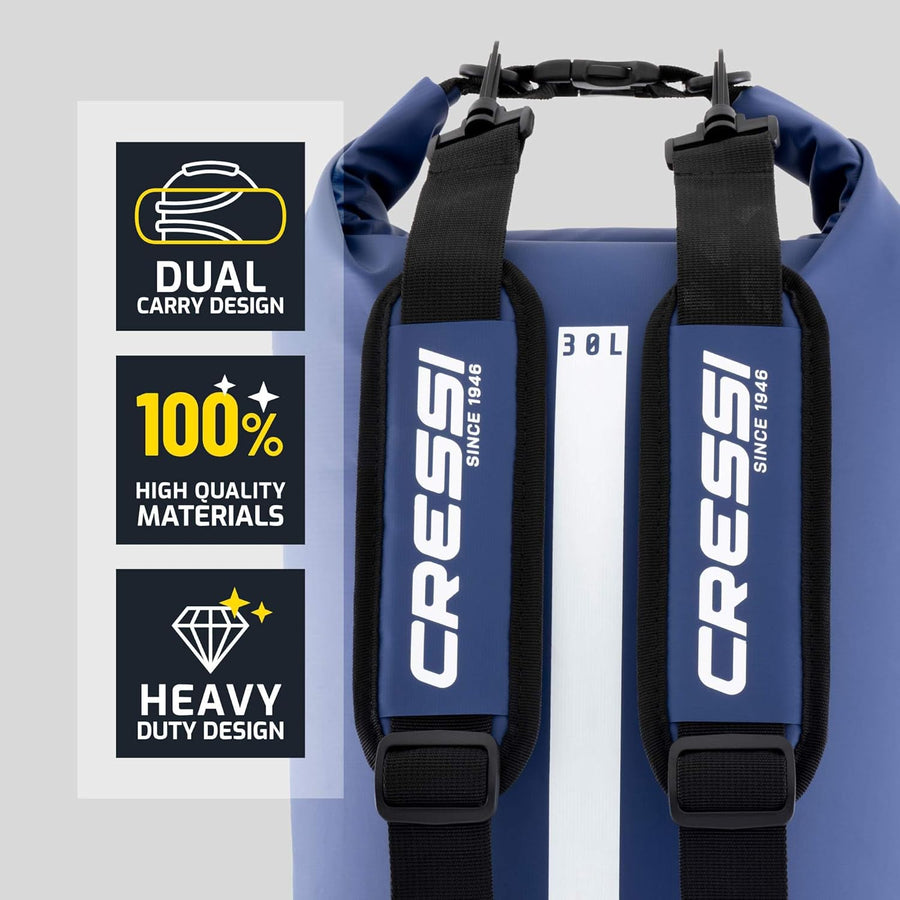 CRESSI Depuis 1946 - Ocelot Dry Bag - Sac Étanche Imperméable Grand Format 30L Unisex pour la Mer, Le Bateau et Les Activités Aquatiques BLEU