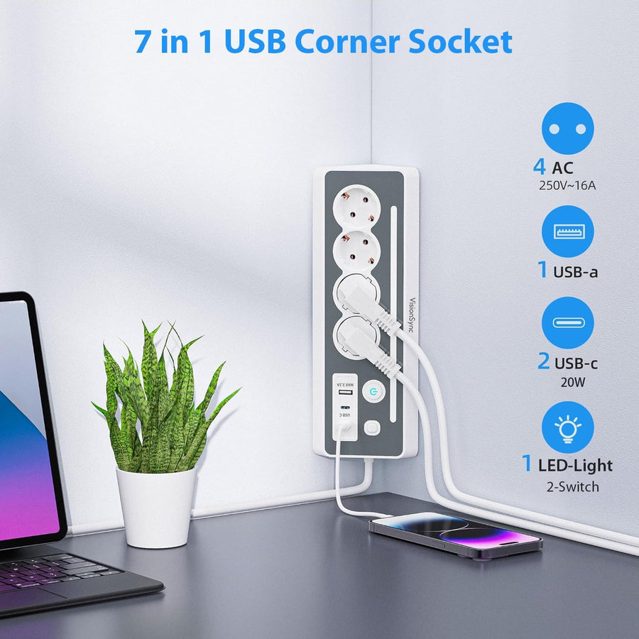 Multiprise 7 en 1 avec station de charge rapide, 4 ports CA, 2 ports USB-C, affichage LED et double interrupteur