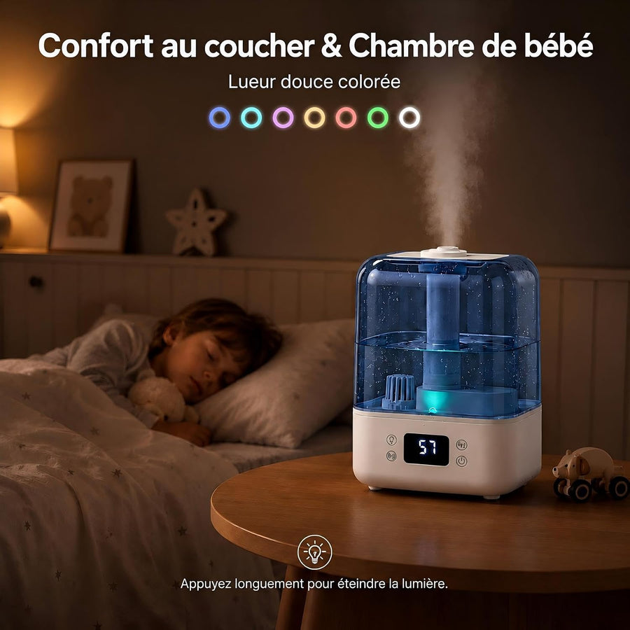 Humidificateur D'air 5L Chambre Plante, Dificateur 22dB Calme, pour 40m² mini Humidificateur d air Bebe, Minuteur 12h, Mode Sommeil, Verrouillage Enfant, Fonction Arôme, avec Hygromètre
