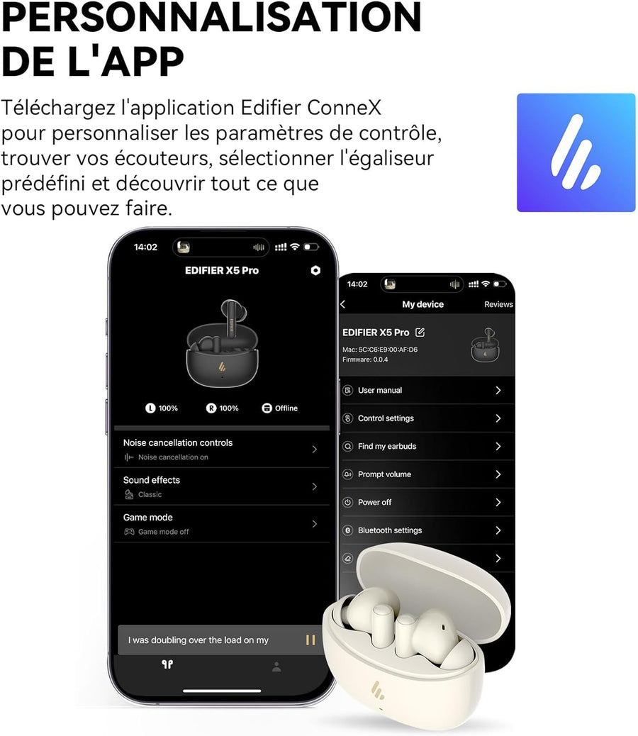 Edifier X5 Pro Écouteurs Bluetooth Sans Fil Réduction Active du Bruit Appels Améliorés par IA Charge Rapide Mode Gaming Étanche IP55 BLANC
