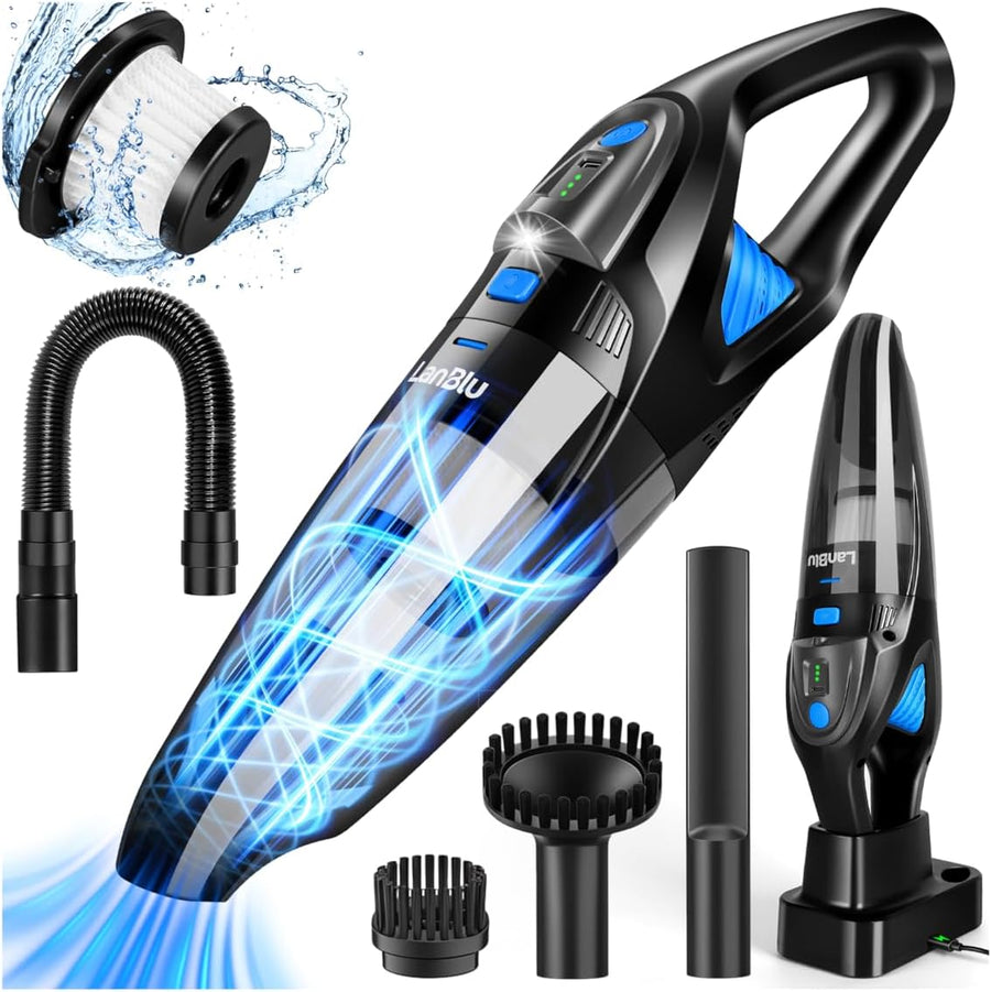 Aspirateur Voiture Puissant Sans Fil avec Station de Recharge et Éclairage LED, 25000Pa Aspirateur a Main avec Filtre Lavable, Humide et Sec