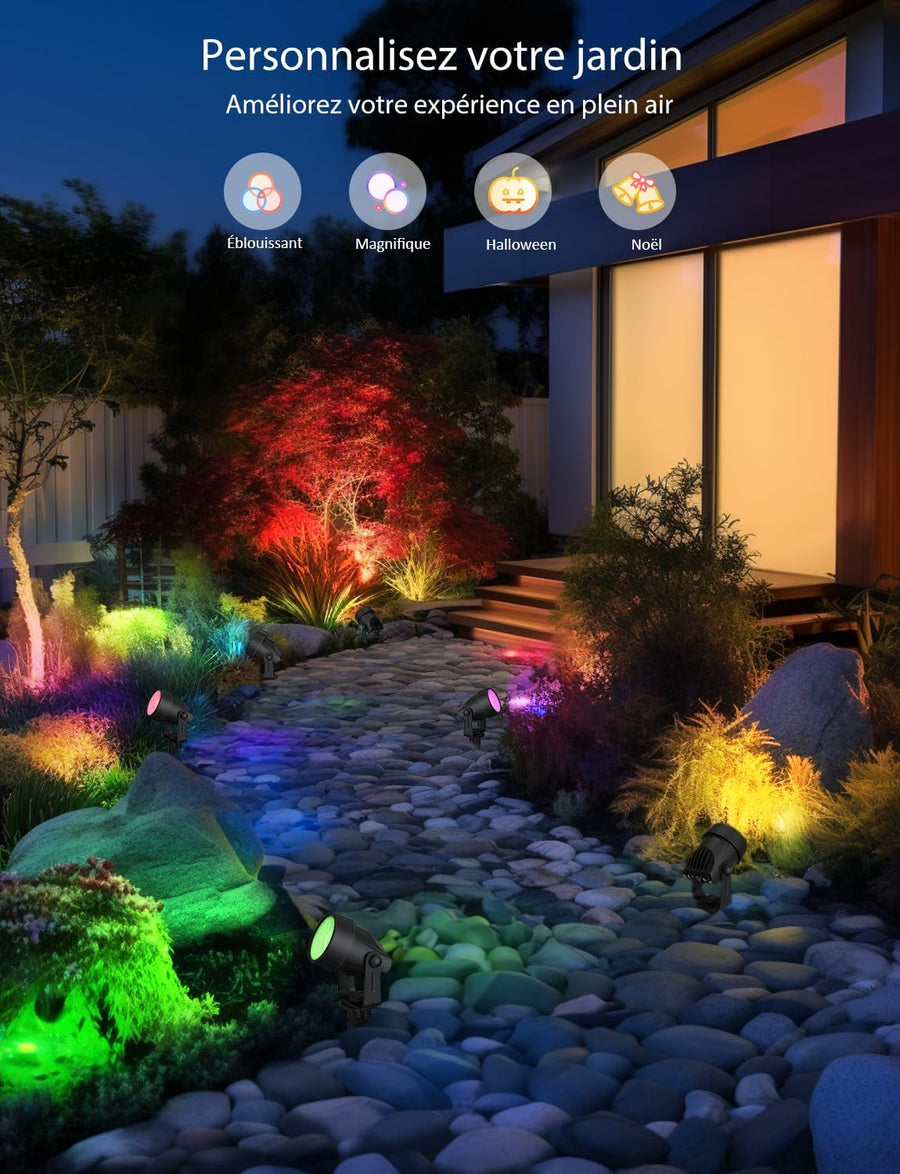Spot LED Extérieur RGBW 12W, 4 Pièces Lampes Intelligentes avec Contrôle Vocal Alexa, 24V Étanche IP65 Projecteurs, APP/WiFi pour Jardin Paysager Allée Terrasse