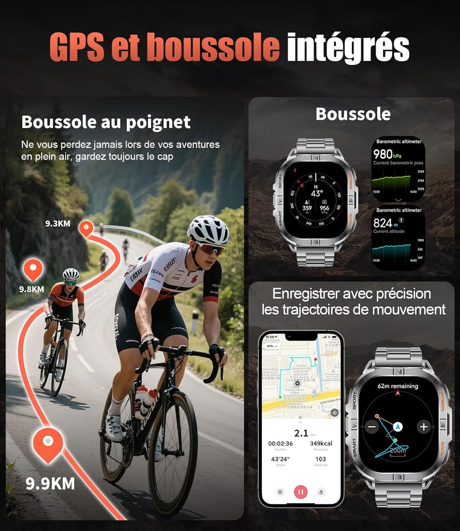 Montre Connectée Homme avec Boussole: 2.13" Smartwatch Baromètre Altimètre Appel Bluetooth 600mAh Batterie Fréquence Cardiaque SpO2 Sommeil 120+ Mode Sport Étanche Fitness Tracker pour Android iOS