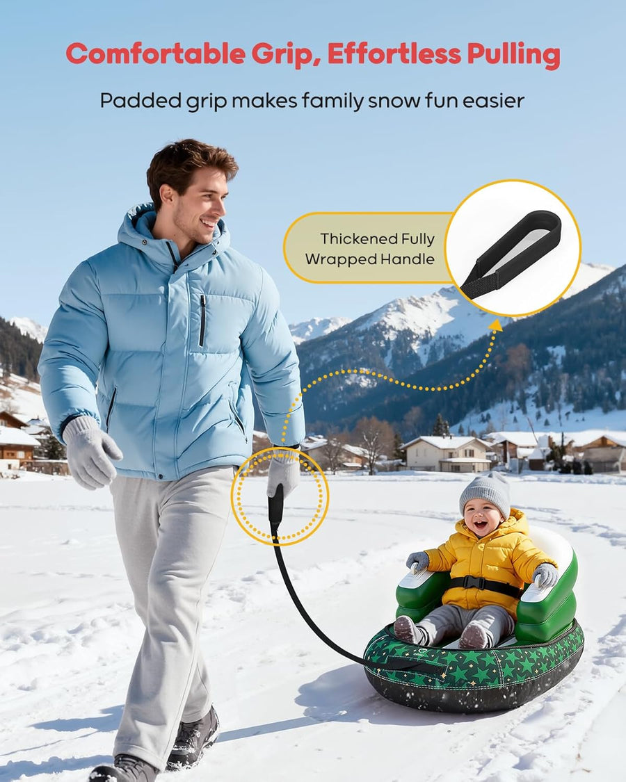 Luge Gonflable pour Bébé et Tout-Petits - Boule de Neige Aérienne d'hiver avec Housse Toile, Sangle de Remorquage, Poignées et Protection 3 Côtés pour Ski et Luge VERT