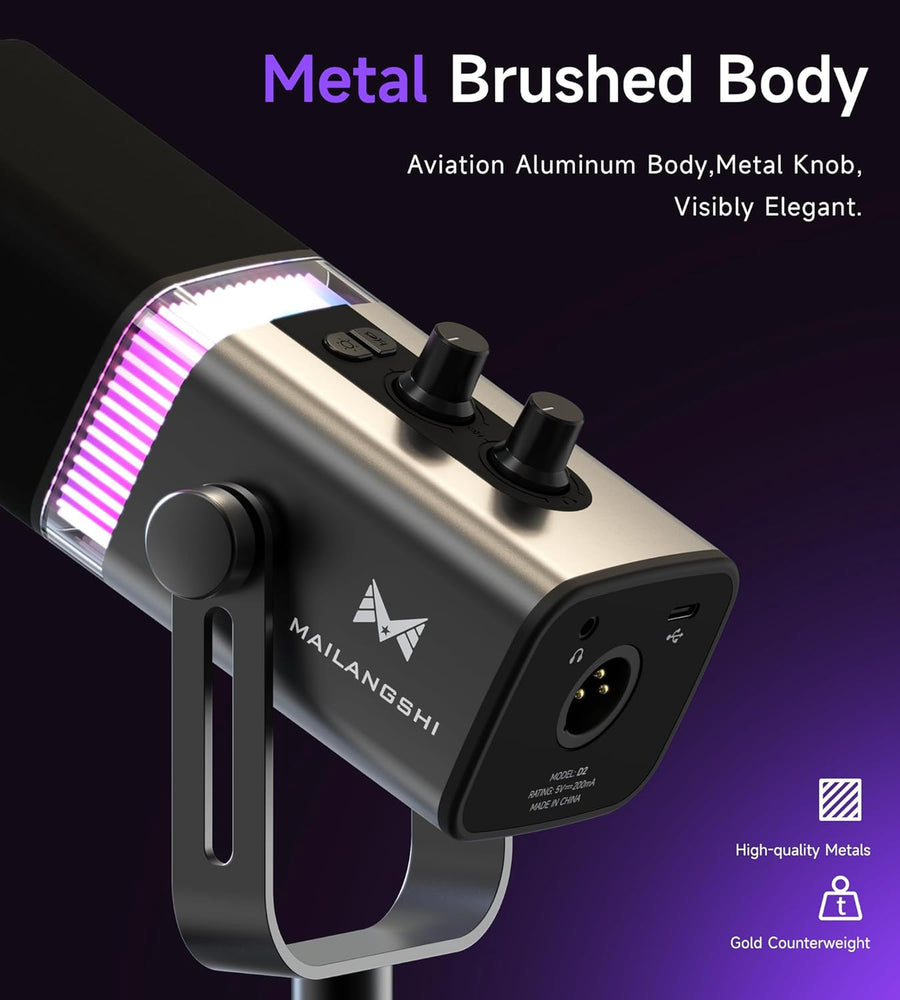 Micro Podcast Dynamique 192KHz/32bit pour PC, USB & XLR avec RGB, Pied, Muet, Tout Métal, Gain/Volume, Micro Gamer pour Livestreaming