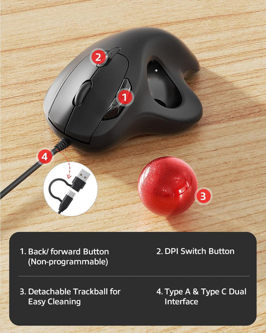 Souris Trackball Filaire Design Ergonomique Contrôle Simple du Pouce Suivi Précis et Fluide NOIR/ROUGE