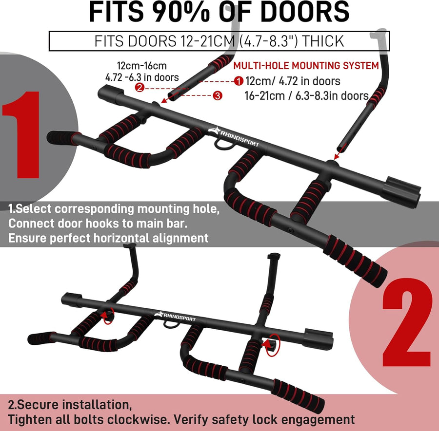 Barre de traction murale 4 en 1 pour montage mural sans vis, antidérapant， Portes 65-92cm, Équipement de gymnase à domicile