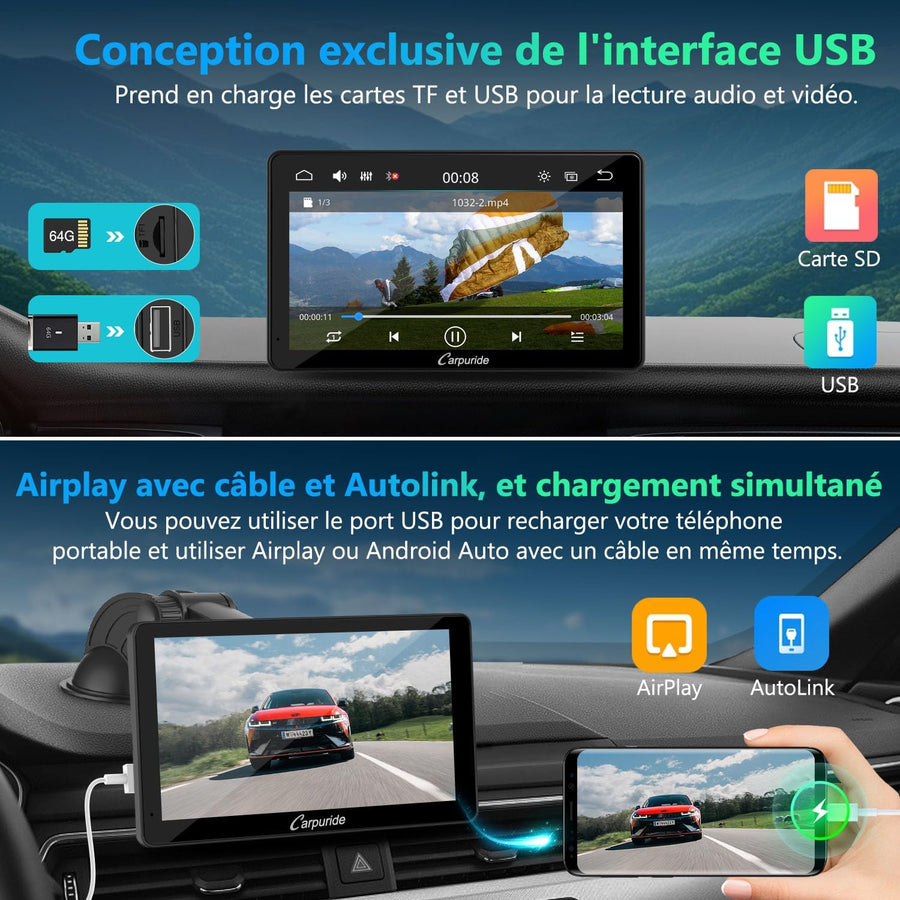 Écran Carplay Portable, Carpuride V3R sans il Airplay&Android Auto, écran Tactile HD 1080P 7 Pouces avec caméra de recul 720P réelle/BT 5.0/Mirror Link/Lecture USB/Puce de réduction du Bruit AUX