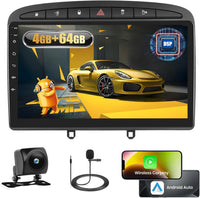 Autoradio Android 4G+64G pour Peugeot 308/408 2007-2015 avec Wireless Carplay&Android Auto, 9'' IPS Touch Screen Radio Voiture avec Bluetooth 5.0/GPS/Caméra de recul/FM/WiFi/SWC