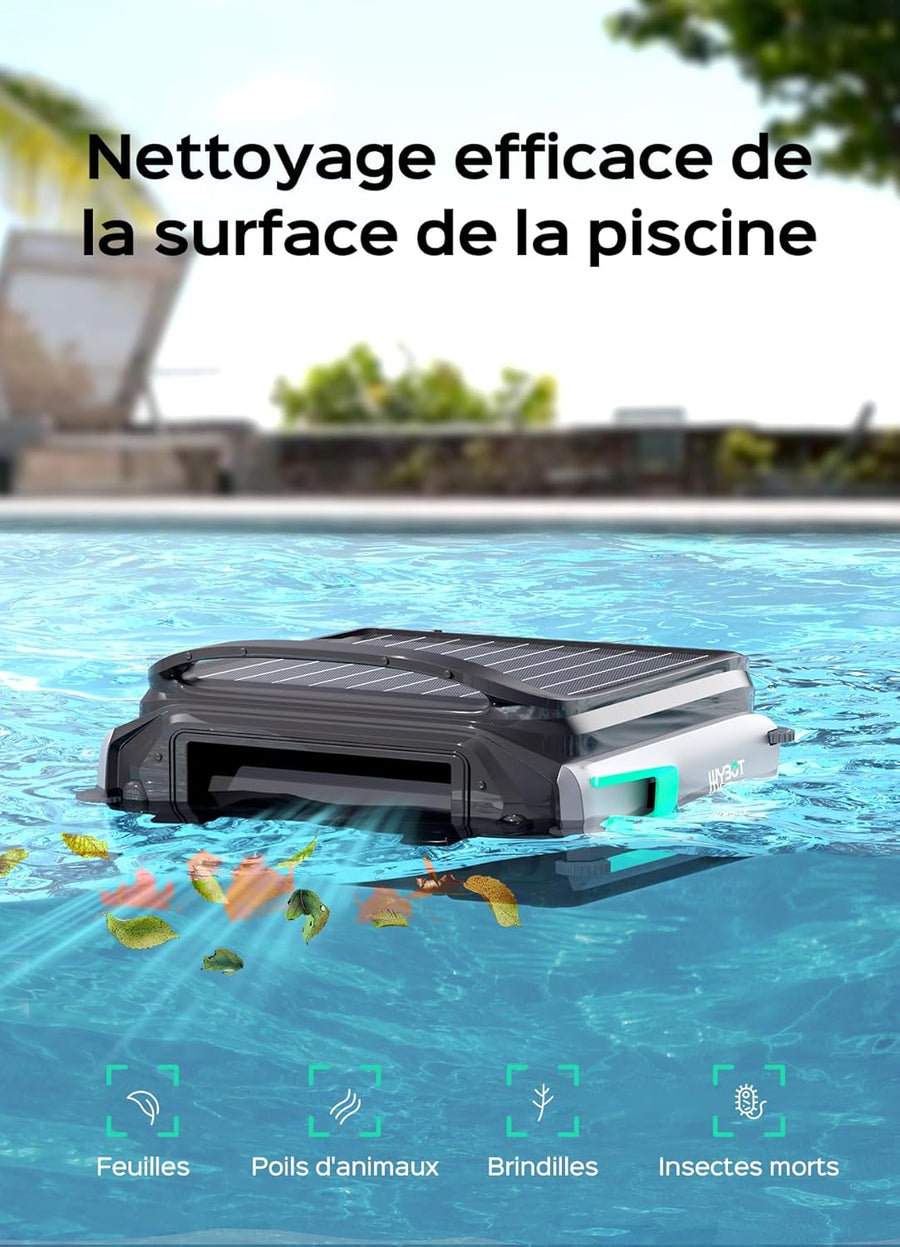 Skimmer WYBOT F1 Piscine Hors Sol Double Énergie (Solaire + Batterie), Nettoie La Surface De L’Eau, Pilotage par App, Fonctionne 24h/24, pour Toutes Piscines – Robot Piscine sans Fil