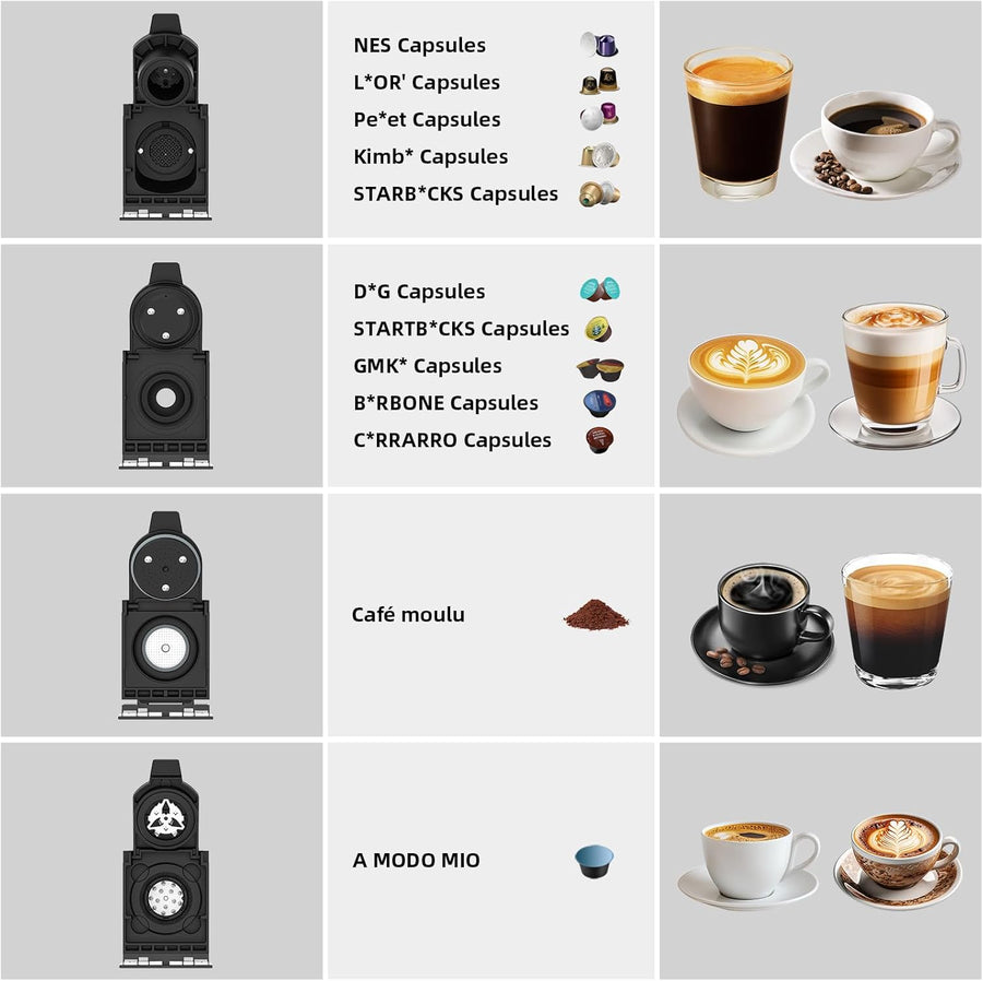 Machine à café à capsules, machine à café à capsules 4 en 1 pour Nes Original/D*G/A MODO MIO et café moulu, 7 niveaux de quantité d'eau