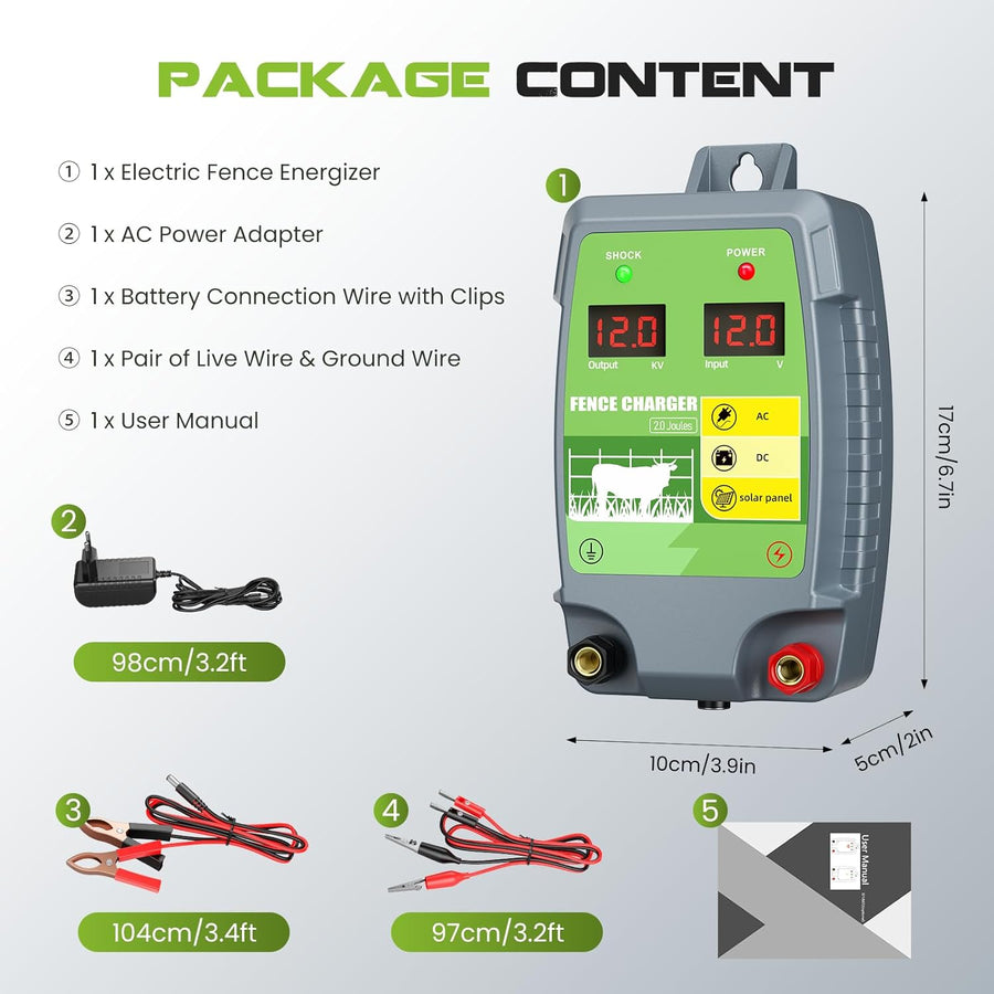 Dispositif de clôture électrique 2J 10 km Range de commande Energizer de clôture électrique étanche avec affichage LED 3 options d'alimentation pour les agriculteurs, les éleveurs