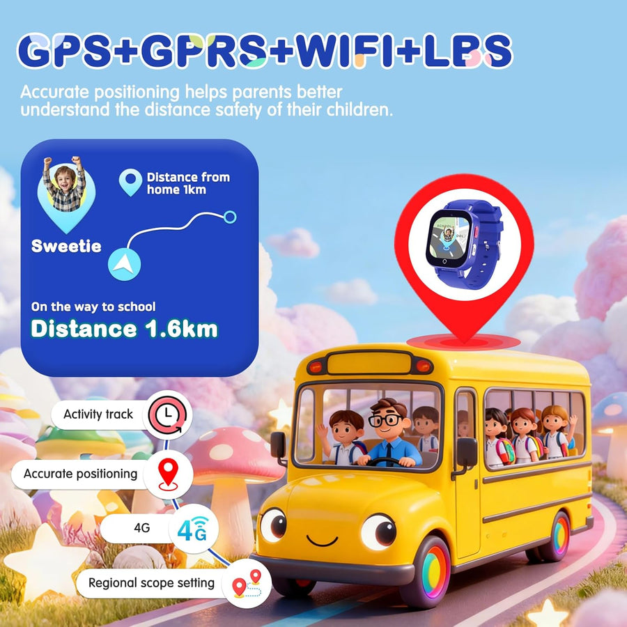 Montre Connectée Enfant GPS, Montre Intelligente 4G pour Enfants Fille et garçon à Téléphoniques,Appel Vidéo,Voix Chat,WiFi,SOS,Mode Classe,Alarme,Musique 4-12 Ans