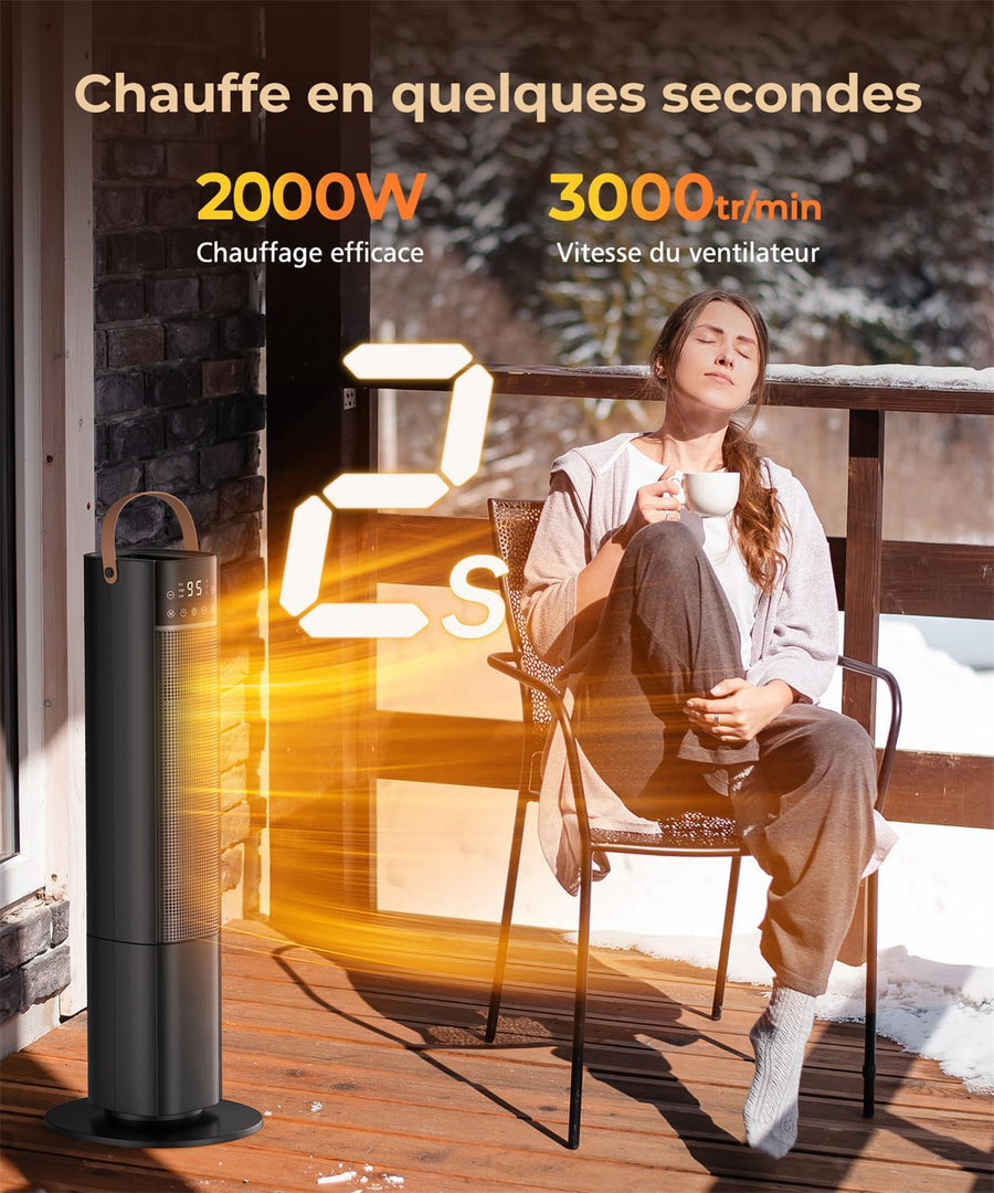 Chauffage d'Appoint, 2000W PTC Chauffage Electrique, Oscillant à 75°, 3 Modes, Minuterie 24H, Télécommande, Protection contre Basculement/Surchauffe, Radiateur Soufflant