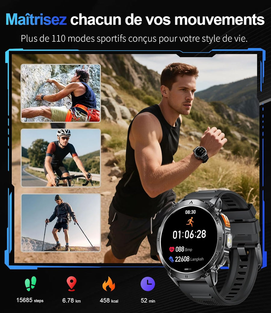 Montre Connectée Homme avec 1.62'' AMOLED Écran/LED Lampe/730mAh Batterie,Smartwatch Homme avec 100+ Modes Sportifs,24/7 Moniteur de Fréquence Cardiaque et Sommeil pour Android iOS