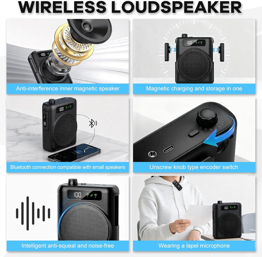 Amplificateur de Voix sans Fil, Portable amplificateur de Voix, Mini amplificateur Vocal avec 2 Microphones à Revers, Amplificateur Vocal