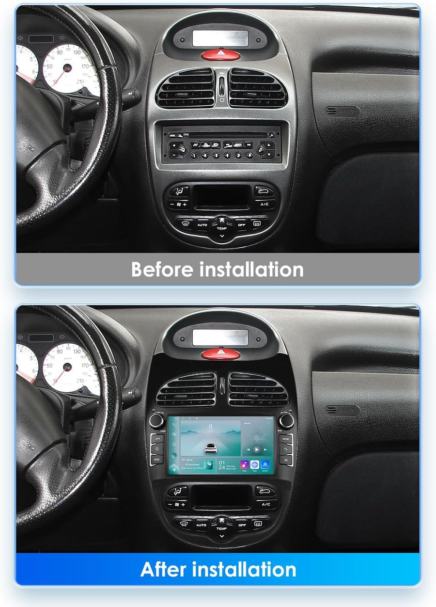 Autoradio Android 14 Pouces Écran Tactile 4 cœurs pour Peugeot 206 206cc 2000-2008 WiFi CarPlay/Android Auto Bluetooth 4G SWC GPS RDS 2 Go + 32 Go