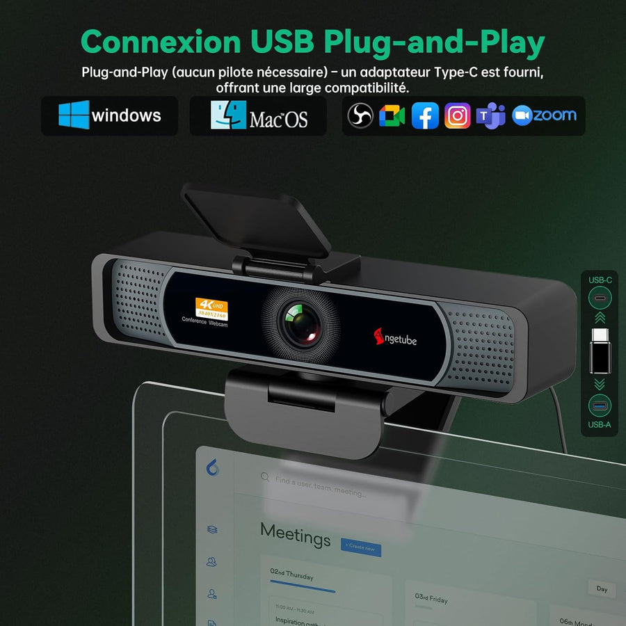 Webcam 4K - Caméra Streaming pour PC, 120° Angle Large, autofocus PDAF, Microphones Doubles Anti-Bruit, 1080p@60FPS, Compatible avec Portable, Mac, Teams, Ordinateur de Bureau