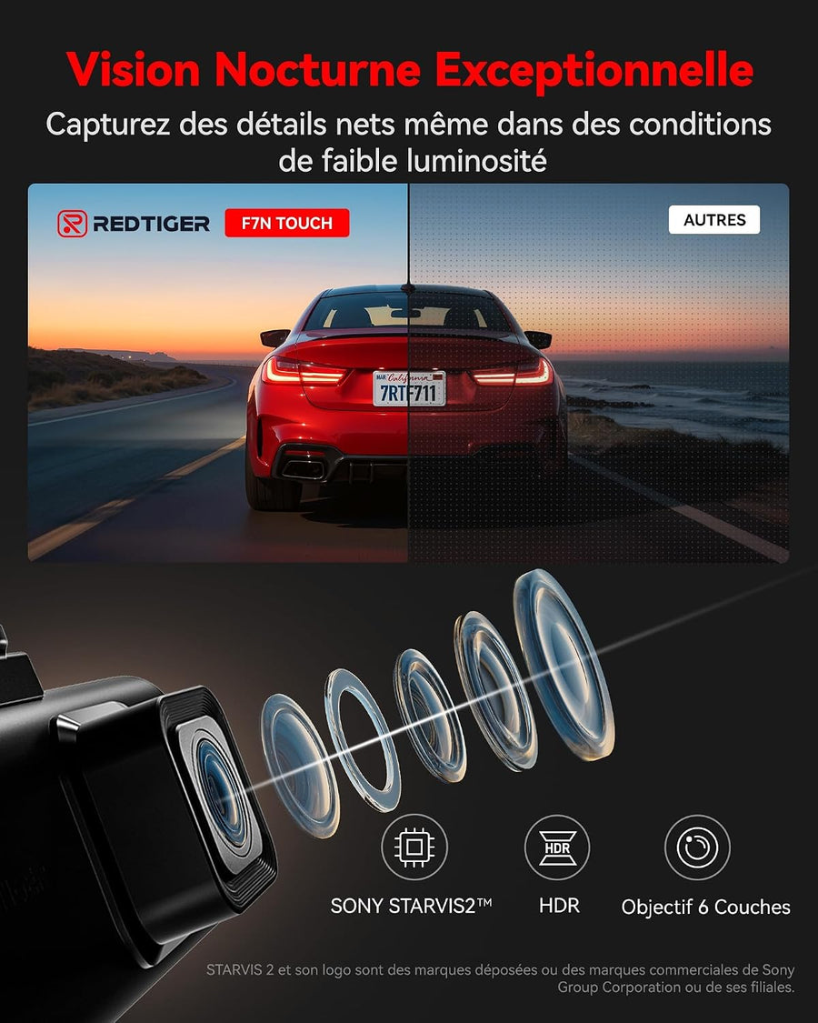 REDTIGER F7N Touch 4K STARVIS 2 Caméra de tableau de bord de voiture avant Caméra embarquée de voiture 5,8 GHz WiFi, écran tactile 3,18", GPS, vision nocturne UHD 2160p, verrouillage d'urgence